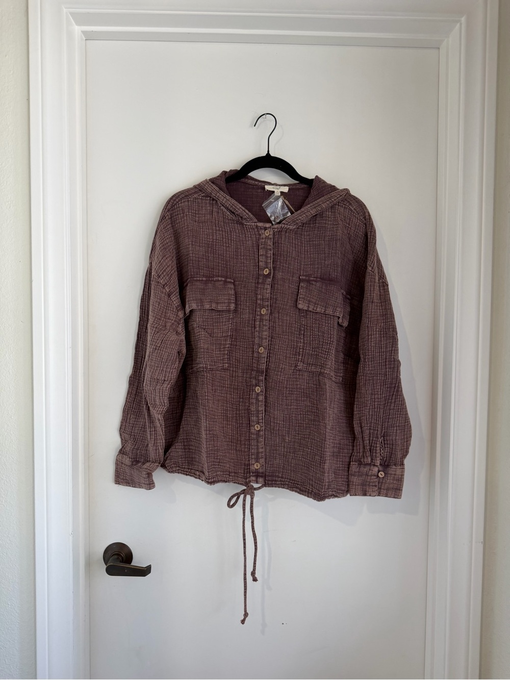 easel Brown Button-Down Hooded Shirt NWT
